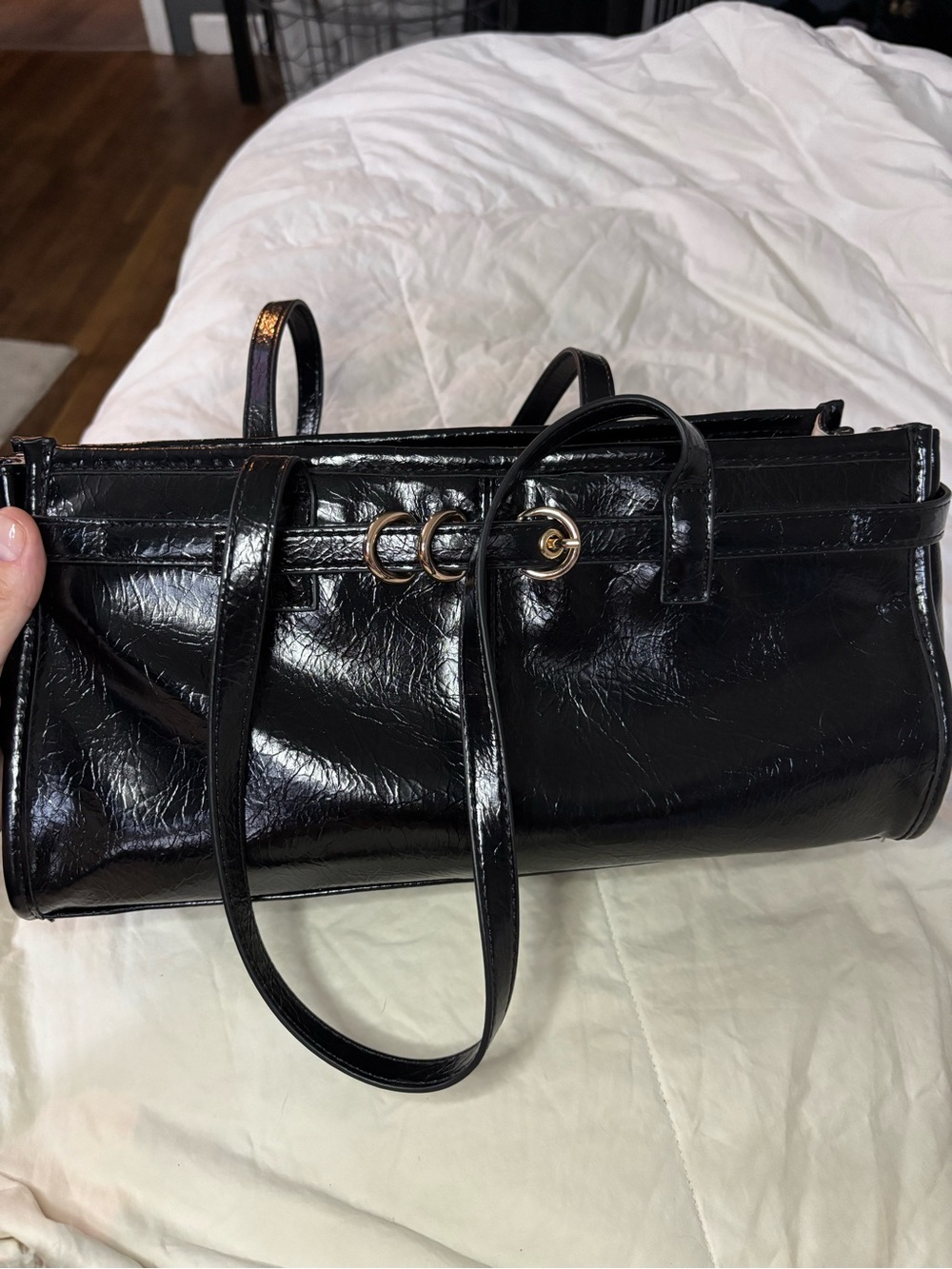 Black Patent Leather Shoulder Bag with Gold Accent